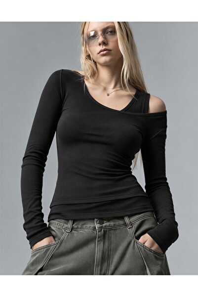 CrepTekstil Women's Black Double Layer Athlete-Look Off-Shoulder Long Sleeve ...