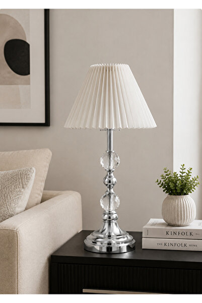 EvLight Elis Gümüş Metal Kristal Camlı Krem Kumaş Başlıklı Oturma Odası Salon Masa Lambası