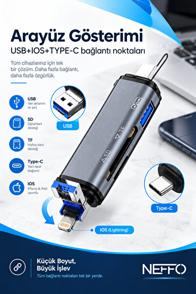 NEFFO 3in1 Usb Otg Kart Okuyucu Type-c Ve Micro Usb Uçlu Pc Notebook Uyumlu Mikro Sd Kart Okuyucu