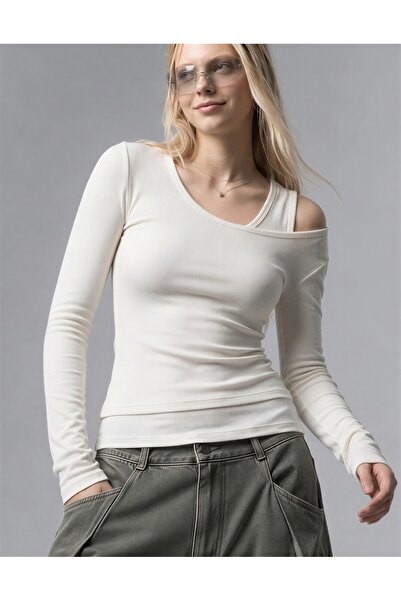 CrepTekstil Women's Ecru Double Layer Athlete-Look Off-Shoulder Long Sleeve F...