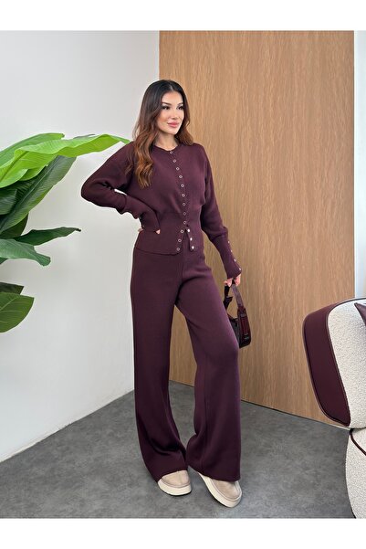 MiraMore Butik Γυναικείο Πλεκτό Σετ με Λεπτομέρεια στα Κουμπιά και Φαρδιά Μπα...