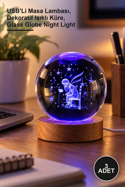 Yenilig 3 Pieces of Color-Changing Glass Globes with Wooden Base – USB Desk L...