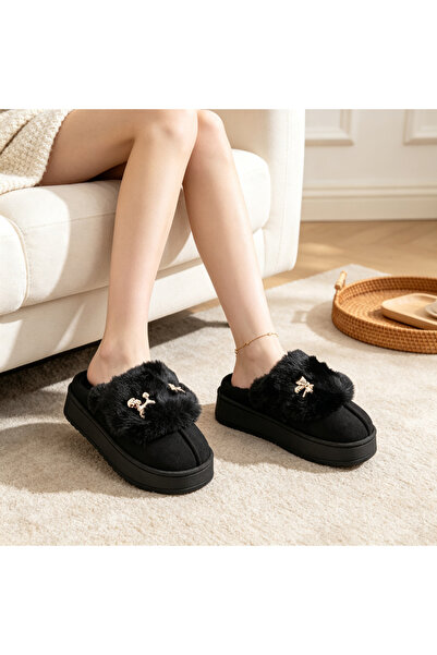 Tmall Papuci de damă căptușiți cu blană, PD1130, Negru