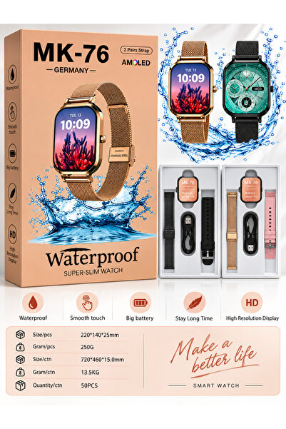 Generic Brand Смарт часовник MK-76 – Дисплей AMOLED в цвят розово злато, 2 ка...