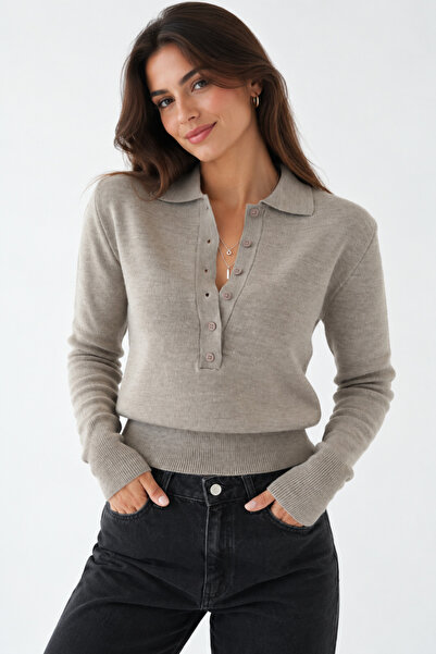 My Blog Light Mink Polo Collar Buttoned Sweater - 261121