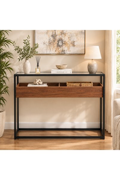 VariFurnx 100*40*90cm 2 Tier Glass Console Table Sofa Table Coffee Corner with Storage Shelf and 2 Drawers