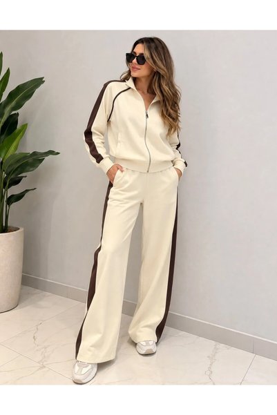 Cnswoman Kahve Şerit Detaylı Premium Eşofman Takımı (L)