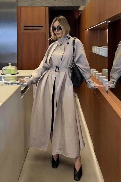 Laluvia معطف ترنش كبير الحجم فاخر مع حزام حجري - 8646