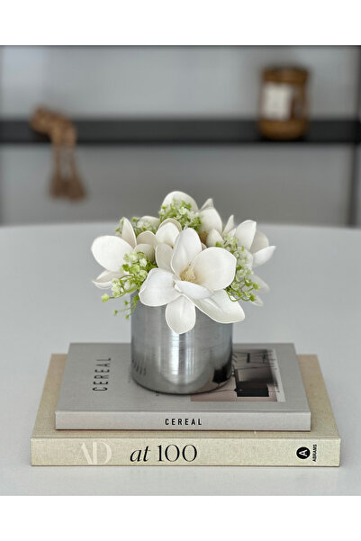 Shura Homeware Metal Saksı Gümüş Manolya Aranjmanlı, Yapay Çiçek