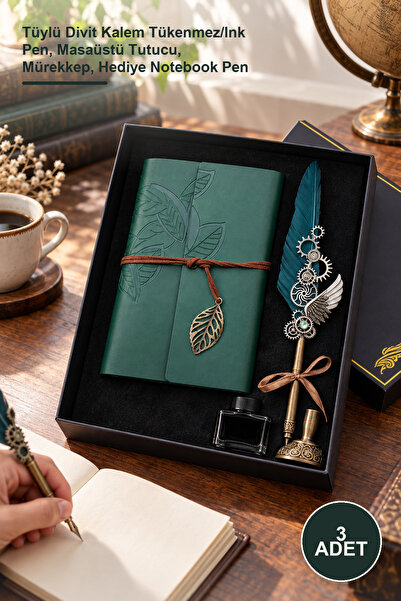 Yenilig 3-Piece Dip Pen and Leaf Patterned Leather Notebook Set – Feather Dip...