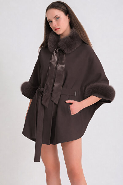 Leather Club Cashmere Cape Coat with Brown Fox Fur Accessories
