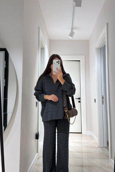 My Blog Set de tricotaje din 2 piese, tricotat, culoare antracit - 2y98074