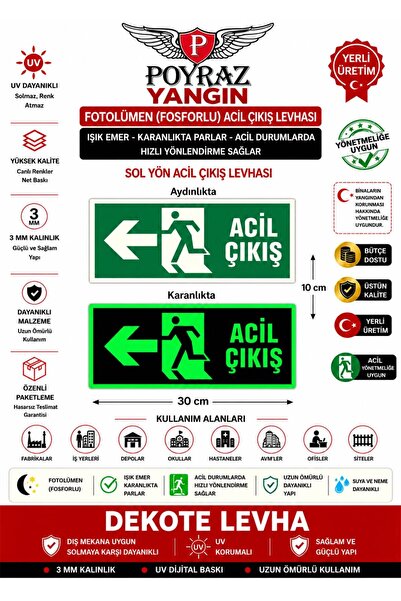 Acil Çıkış Yönlendirme Levhası sol yön 12x25 cm Fosforlu Fotolümen Yönlendirme Tabelası Kapı Duvar