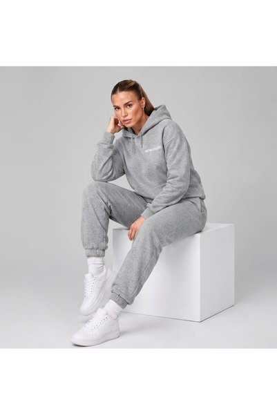 Gelsomino Women's Gray Hooded Kangaroo Pocket Tracksuit Set Oversize Relaxed Fit Jogger