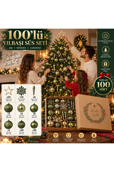 100 Parça Yılbaşı Ağaç Süsleme Seti – Yeşil Gold Dekoratif Top, Yıldız, Kar Tanesi ve Sarkıt Süsler