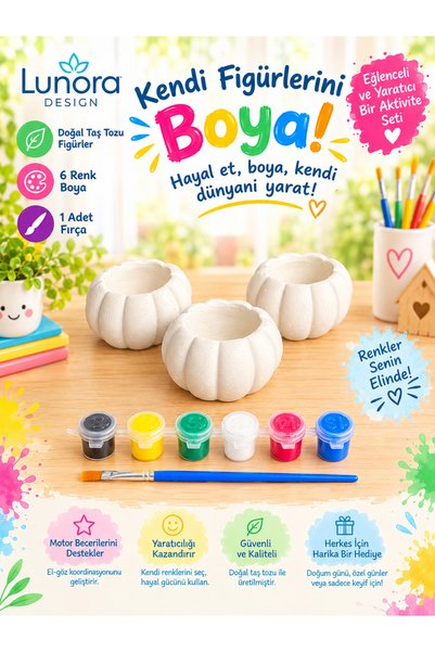 Lunora Design Taş Tozu Kabak Saksı Seti – 3 Adet Figür + 6 Renk Boya + Fırça ...