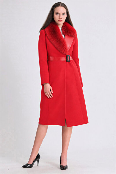 Leather Club Cashmere Coat with Pomegranate Flower Fox Fur Accessories and La...