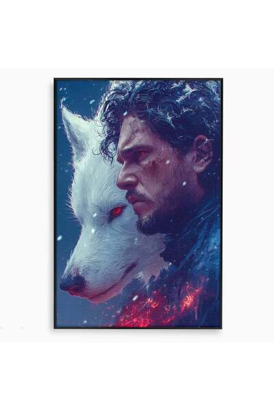 Luxcanva Tablou Canvas Lupul si John Snow 50x70 cm cu Rama Negru Sabaticie Fo...