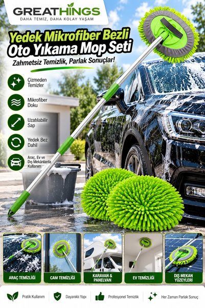 Greathings Yedek Bezli Mikrofiber Oto Yıkama Mop Seti, Uzun Saplı Araç Temizl...
