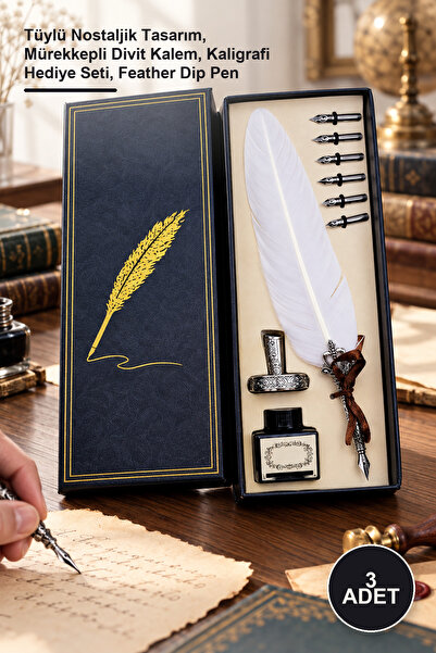 Yenilig 3-piece dip pen set – feathered nostalgic design, ink dip pen, callig...