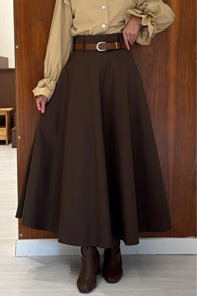 fayaboutique.com Kahverengi Gabardin Kumaş Kloş Etek