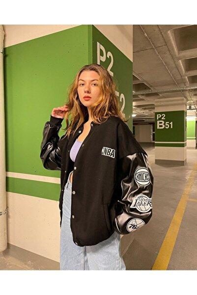 Agolady Unisex Black Basketball Printed Oversize Leather Sleeve College Jacket
