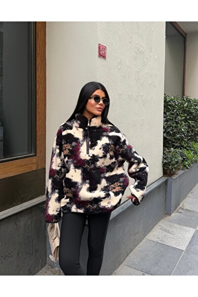 LE CARAMBOLE Kadın Siyah Desenli Yarım Fermuarlı Oversize Peluş Sweatshirt