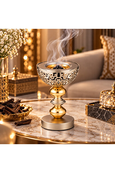 Dania مبخرة بخور فاخرة بتصميم عربي مزخرف – معدن باللون الفضي والذهبي – ارتفاع...