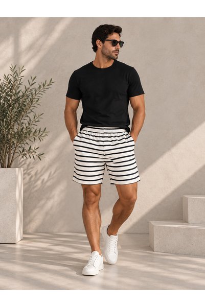DEEPSENSE Men's Striped Shorts 100% Cotton 3 Yarns Without Pile Comfortable Cut Casual Sports Shorts