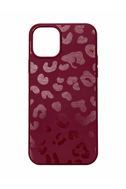 iPhone 12 Uyumlu Bordo Dokulu Leopar Desenli Kılıf – Kamera Korumalı