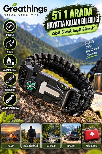 Greathings 23 cm 5'i 1 Arada Paracord Hayatta Kalma Bilekliği Pusula Düdük Ça...