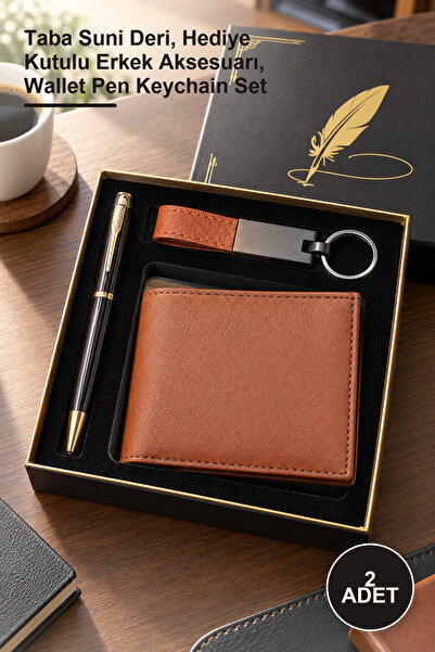 Yenilig 2-piece wallet, pen, and keychain set – tan faux leather, gift boxed ...