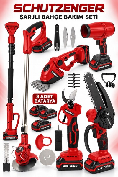 SCHUTZENGER 6’lı SET 3 AKÜLÜ DAL BUDAMA MAKASI-TESTERE-ÜFLEME-ÇİT BUDAMA-ÇİM BİÇME-TELESKOP KOL KIRMIZI BAHÇE BA