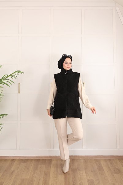 MİSS M.A.T FASHİON Plush Zippered Stand-Up Collar Vest