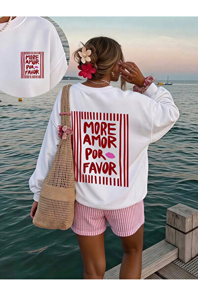 PALPİTO سويت شيرت نسائي من More Amor أبيض مطبوع ذو ياقة دائرية كبيرة الحجم