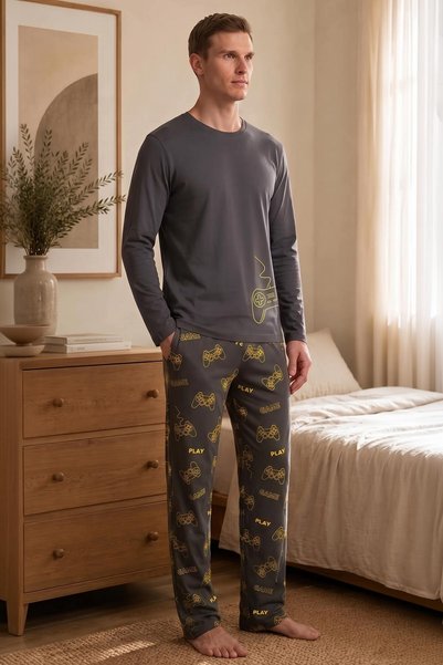 Mısırlı Egyptian Men's Crew Neck Printed Pajama Set Anthracite