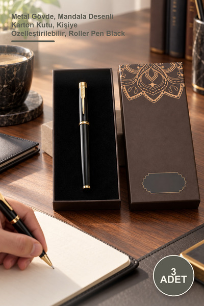 Yenilig 3 Black Roller Pens – Metal Body, Cardboard Box with Mandala Pattern,...