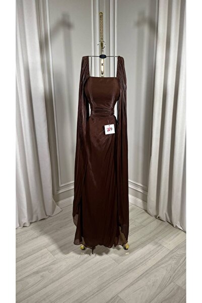 Boutique 219 فستان سهرة شيفون لمعه بني، قصة مربعة بالصدر، حمالات رفيعة، خصر م...