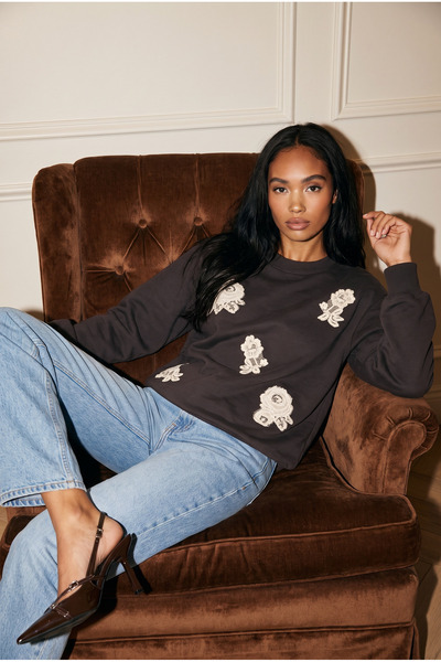 Amia&Co. Women's Brown Lace Detailed Embroidered Oversize Sweatshirt