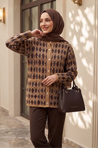 HİJABAYA Double Pocket Patterned Buttoned Soft Knitwear Cardigan - Cinnamon
