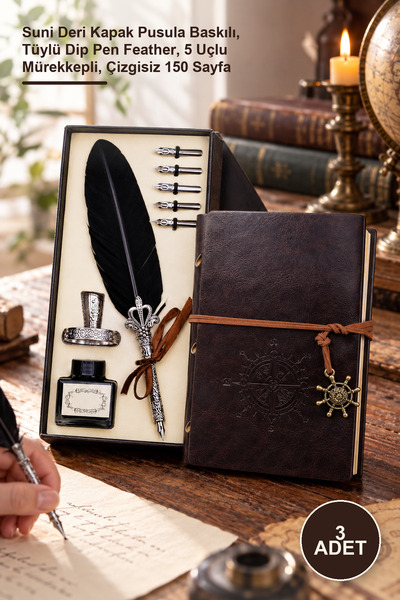 Yenilig 3pcs leather notebook and feather dip pen set - faux leather cover wi...