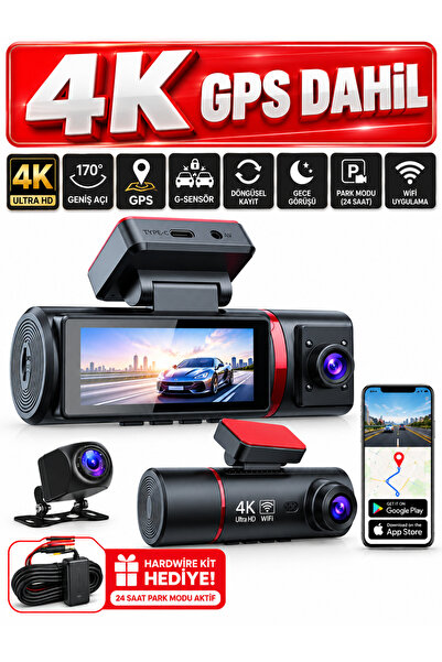 4k Araç kamerası Gps,Wifi ve Park kiti Hediye 7/24 Kayıt Mobil Uygulama Destekli GECE GÖRÜŞ