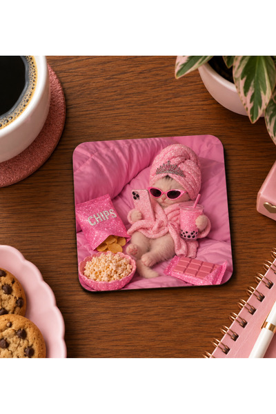 glowoow Pembe Prenses Kedi Temalı Bardak Altlığı Eğlenceli Dekoratif Coaster ...