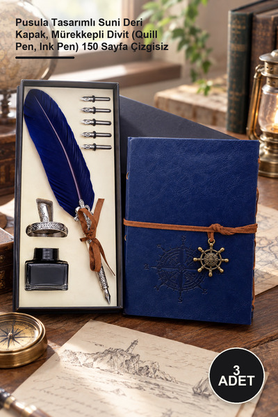 Yenilig 3-Piece Leather Notebook and Quill Pen Set – Compass-Designed Faux Le...