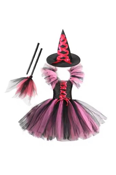 Funny Party Shop Halloween witch costume for girls, pink, with hat and broom,...