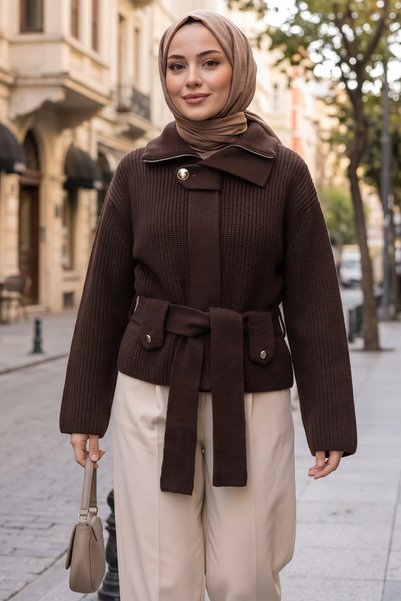 HNT Hayrunnisa Tesettür Belted Half Turtleneck Knitwear Cardigan Brown Hnt2808