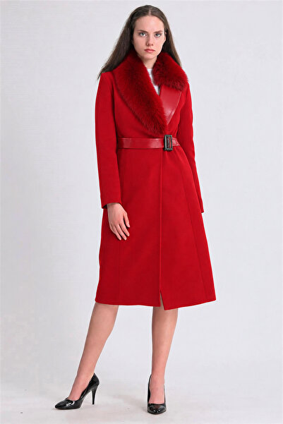 Leather Club Cashmere Coat with Red Fox Fur Accessories and Lambskin Trim