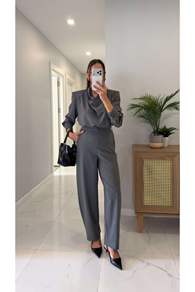 BİRCANÇİL Zenna Gray Padded Blouse and Pants Set