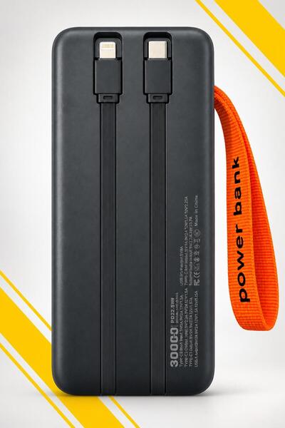 kawigo 30.000 mAh Powerbank 22.5W Hızlı Şarj Dahili Type-C Lightning Kablolu Dijital Göstergeli