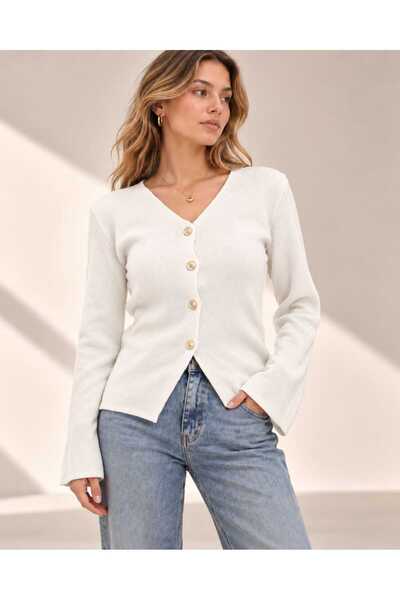 Benedetto New Season Premium Quality V-Neck Gold Buttoned Spanish Sleeve Wome...